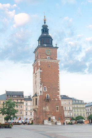 Krakow, Poland - July 26, 2019: View of Town Hall Tower at Main Market Square in the Old Town of Kakow.のeditorial素材