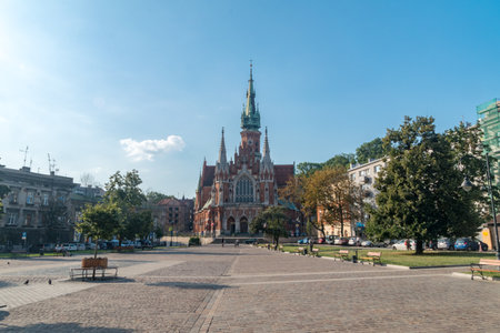 Krakow, Poland - July 26, 2019: View of Podgorski Market with St. Joseph's Church.のeditorial素材