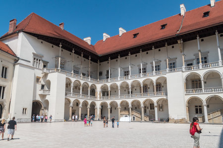 Krakow, Poland - July 26, 2019: The tiered arcades of Sigismund I Stary's Renaissance courtyard within Wawel Castle.のeditorial素材