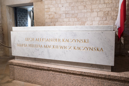 Krakow, Poland - July 26, 2019: The grave of Lech Kaczynski and Maria Kaczynska in Wawel Cathedral, Krakow. The sarcophagus after renewed in 2016.のeditorial素材