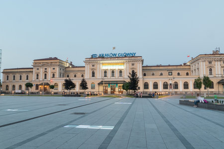 Krakow, Poland - July 26, 2019: Krakow GÅowny railway station, old building. Largest and the most centrally located railway station in Krakow.のeditorial素材