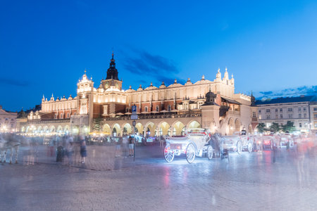 Krakow, Poland - July 26, 2019: The Main Market Square with sukiennice at night.のeditorial素材