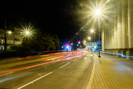 Krakow, Poland - July 26, 2019: Wielopole street at night.のeditorial素材