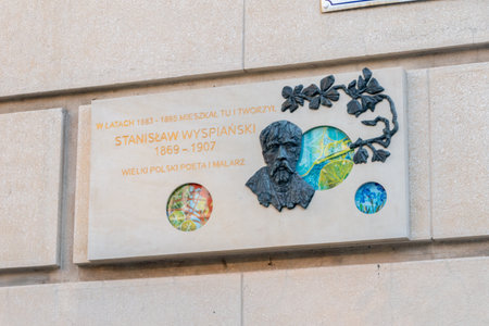 Krakow, Poland - July 27, 2019: Memorial plaque for Polish poet and painter Stanislaw Wyspianski.のeditorial素材