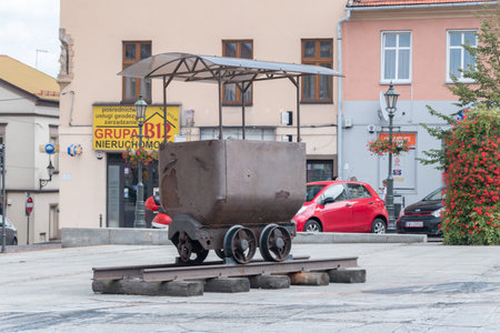 Wieliczka, Poland - July 27, 2019: View historical old and rusty mine cart at Upper Market Square in Wieliczka.のeditorial素材