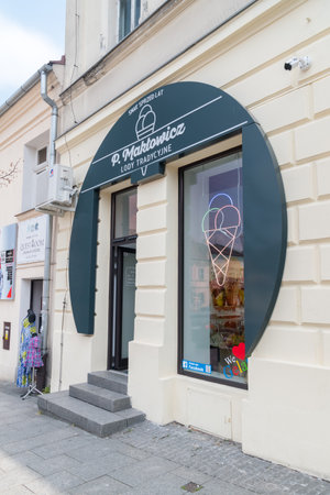 Wieliczka, Poland - July 27, 2019: P. Maklowicz traditional ice cream near Upper Market Square in Wieliczka.のeditorial素材