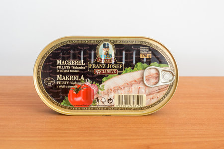 Pruszcz Gdanski, Poland - August 31, 2019: Can of Kaiser Franz Josef mackerel fillets Salamina in oil and tomato.のeditorial素材