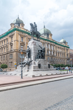 Krakow, Poland - July 27, 2019: View of The Grunwald monument in Matejki Square at  cloudy day.のeditorial素材
