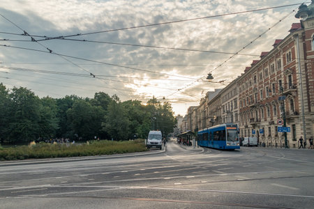 Krakow, Poland - July 27, 2019: Beautiful sunset view in city center of Krakow at Basztowa street.のeditorial素材