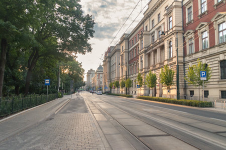 Krakow, Poland - July 27, 2019: Sunset on Basztowa street in city center of Krakow.のeditorial素材