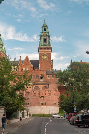 Krakow, Poland - July 27, 2019: View of Wawel castle with Tadeusz Kosciuszko Monument from Straszewskiego street.のeditorial素材
