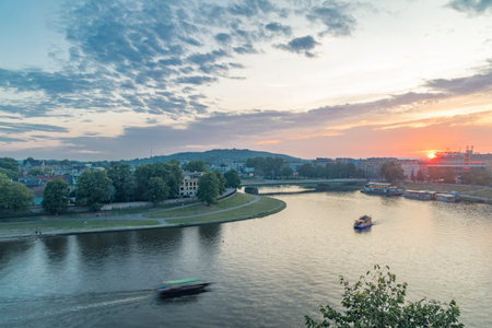 Krakow, Poland - July 27, 2019: View of panoramic view of Vistula River at sunset time. View from the Wawel castle.のeditorial素材