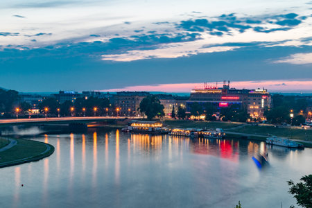 Krakow, Poland - July 27, 2019: Vistula river view from the Wawel castle in the evening.のeditorial素材