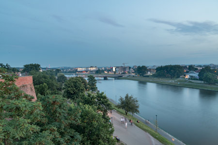 Krakow, Poland - July 27, 2019: Evening view from the Wawel castle of Vistula River.のeditorial素材