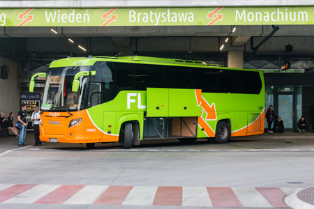 Krakow, Poland - July 28, 2019: Flixbus bus at Krakow MDA bus station.のeditorial素材