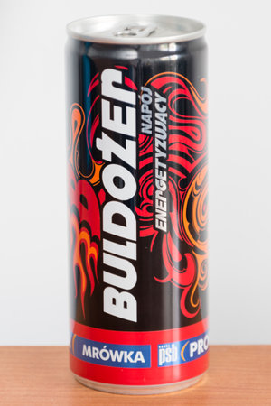 Pruszcz Gdanski, Poland - August 1, 2019: Can of Buldozer energy drink.のeditorial素材