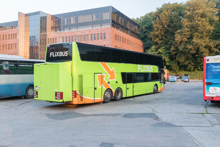 Gdansk, Poland - July 29, 2019: FlixBus coach parked on bus stop in Gdansk.のeditorial素材