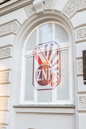 Krakow, Poland - July 28, 2019: Logo of Polish Teachers' Union (Polish: ZwiÄzek Nauczycielstwa Polskiego, ZNP, also translated as Union of Polish Teachers, Polish Teachers' Association.のeditorial素材