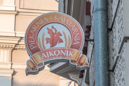 Krakow, Poland - July 28, 2019: Logo and sign of bakery and coffee shop.のeditorial素材
