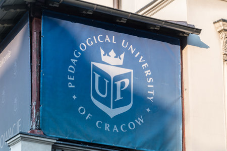 Krakow, Poland - July 28, 2019: Logo and sign of Pedagogical University of Cracow.のeditorial素材