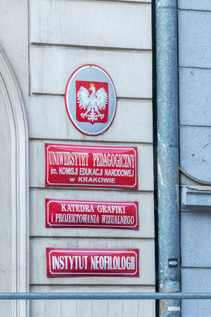 Krakow, Poland - July 28, 2019: Information about Pedagogical University, Graphics and Visual Design Department and the Institute of Modern Languages.のeditorial素材
