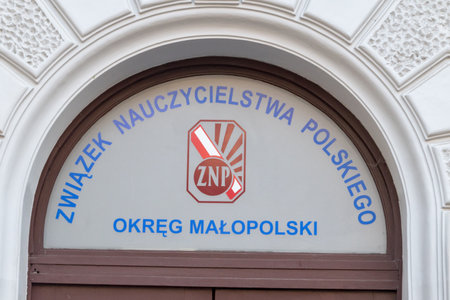 Krakow, Poland - July 28, 2019: Sign Lesser Poland District of Polish Teachers' Union and ZNP logo.のeditorial素材