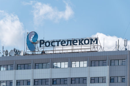 Kaliningrad, Russia - August 4, 2019: Logo and sign of Rostelecom.のeditorial素材