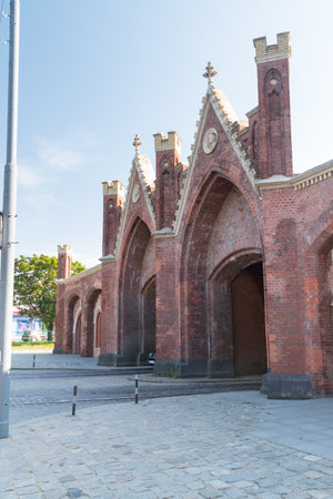 Kaliningrad, Russia - August 4, 2019: Neogothic from 19th century Brandenburg Gate. One of seven surviving city gates in Kaliningrad.のeditorial素材