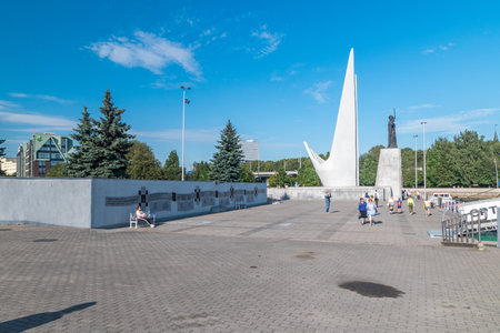 Kaliningrad, Russia - August 4, 2019: View square near Monument to the pioneers of the fishing fleet and Nicholas the Wonderworker.のeditorial素材