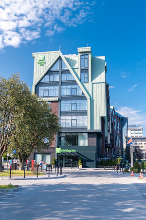 Kaliningrad, Russia - August 4, 2019: Holiday Inn hotel building. Holiday Inn is a British-owned American brand of hotels, and a subsidiary of InterContinental Hotels Group.のeditorial素材