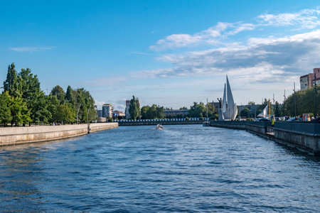 Kaliningrad, Russia - August 4, 2019: The Pregolya River within the Kaliningrad city limits.のeditorial素材