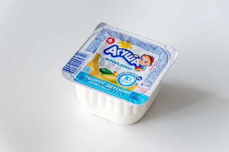 Kaliningrad, Russia - August 4, 2019: Agusha fruit curd for children with natural vitamin K2.のeditorial素材