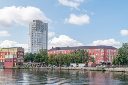 Kaliningrad, Russia - August 5, 2019: Embankment of Pregolya river in Kaliningrad.のeditorial素材