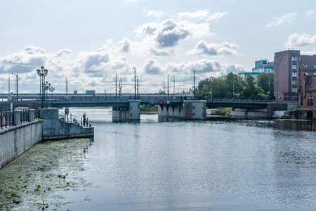 Kaliningrad, Russia - August 5, 2019: Bridges over Pregolya river at cloudy day.のeditorial素材