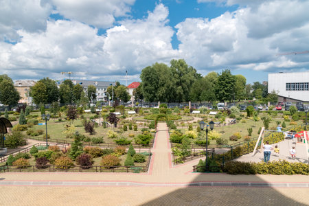 Kaliningrad, Russia - August 5, 2019: Playground next to Orthodox church of Khram Svyatogo Aleksandra Nevskogo.のeditorial素材