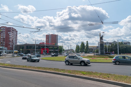 Kaliningrad, Russia - August 5, 2019: Roundabout with cars in Kaliningrad.のeditorial素材