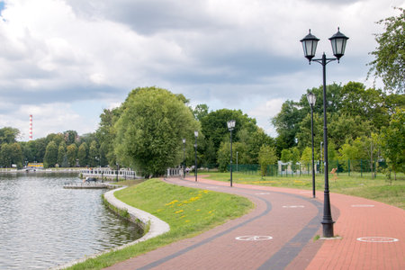 Kaliningrad, Russia - August 5, 2019: Sidewalk along Upper Pond.のeditorial素材