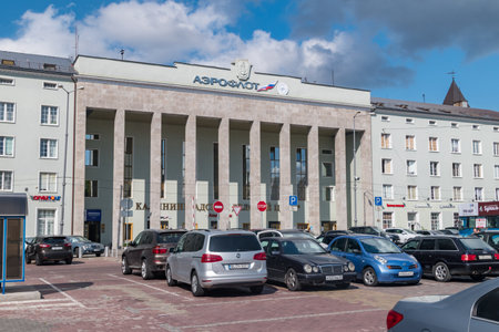 Kaliningrad, Russia - August 5, 2019: Building with Aeroflot logo. PJSC Aeroflot is Russian Airlines.のeditorial素材