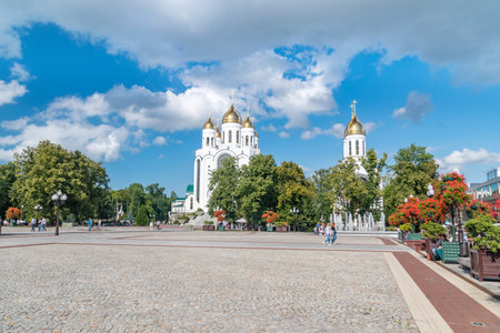 Kaliningrad, Russia - August 5, 2019: Victory square and Cathedral of Christ the Saviour in background.のeditorial素材