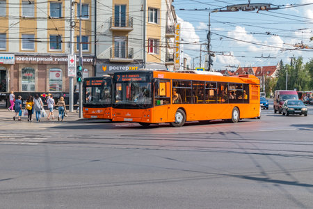 Kaliningrad, Russia - August 5, 2019: Buses of Public transport in Kaliningrad.のeditorial素材