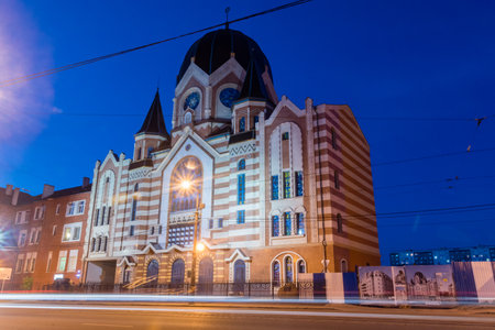 Kaliningrad, Russia - August 5, 2019: New Liberal Synagogue at night.のeditorial素材