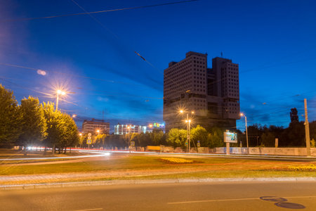 Kaliningrad, Russia - August 5, 2019: Street view with House of Soviets building in background at night.のeditorial素材