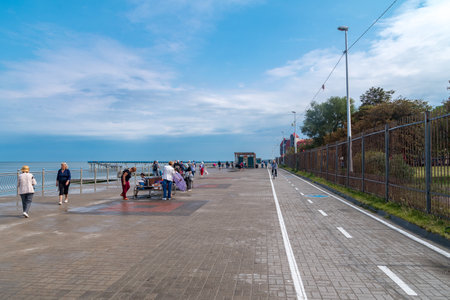 Zelenogradsk, Russia - August 6, 2019: Promenade on beach on Baltic Sea in Zelenogradsk.のeditorial素材