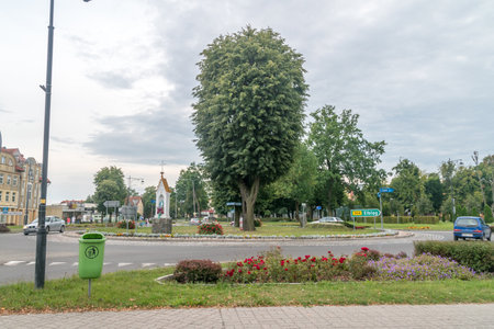 Braniewo, Poland - August 6, 2019: Roundabout in Braniewo on a cloudy day.のeditorial素材