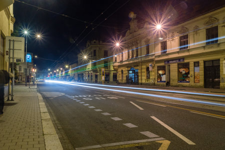 Ostrava, Czech Republic - August 29, 2019: Nadrazni street at night.のeditorial素材