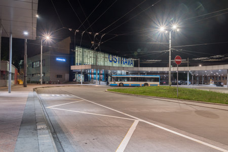 Ostrava, Czech Republic - August 29, 2019: Night view of Ostrava hlavni nadrazi railway station.のeditorial素材