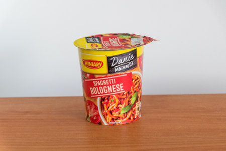 Pruszcz Gdanski, Poland - August 13, 2019: Winiary Danie Mniam instant spaghetti bolognese. Instant dish in plastic cup.のeditorial素材