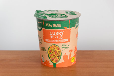 Pruszcz Gdanski, Poland - August 13, 2019: Knorr Wege Danie curry couscous with pepper and ginger.のeditorial素材