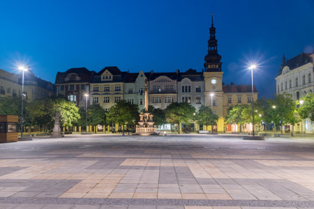 Ostrava, Czech Republic - August 29, 2019: Night view of Central square of Ostrava.のeditorial素材