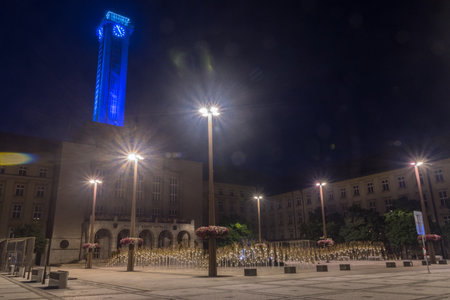 Ostrava City Hall and Prokes Square at night in Ostrava, Czech Republic.のeditorial素材